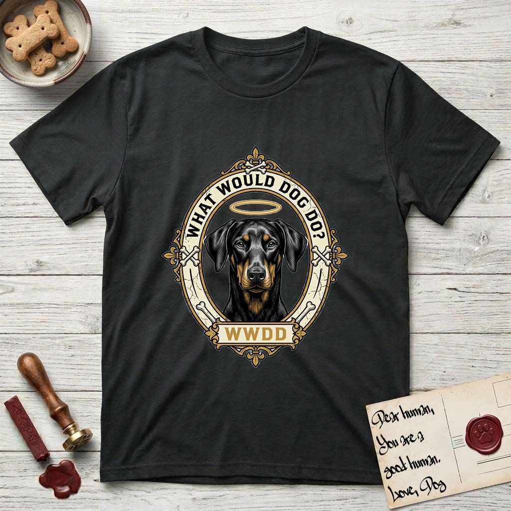 What Would Dog Do Doberman T-Shirt flat lay in Black, featuring a fleur-de-lis framed gold portrait medallion of a haloed Doberman with natural uncropped ears and the question What Would Dog Do.