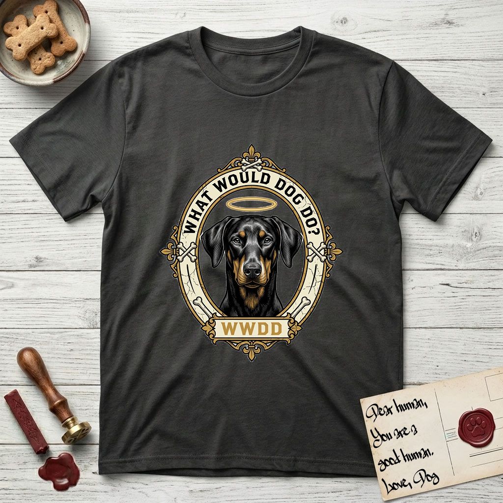 What Would Dog Do Doberman T-Shirt flat lay in Charcoal, featuring a fleur-de-lis framed gold portrait medallion of a haloed Doberman with natural uncropped ears and the question What Would Dog Do.