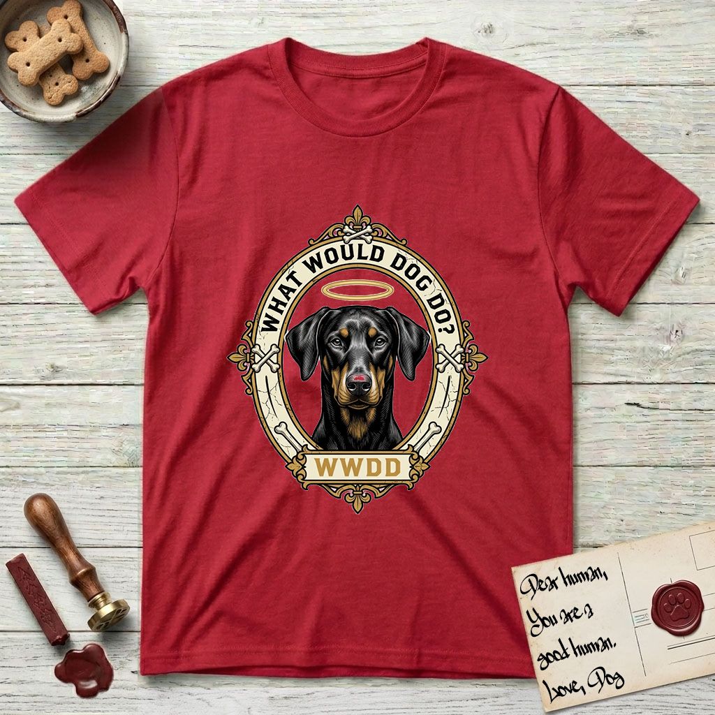 What Would Dog Do Doberman T-Shirt flat lay in Cherry Red, featuring a fleur-de-lis framed gold portrait medallion of a haloed Doberman with natural uncropped ears and the question What Would Dog Do.