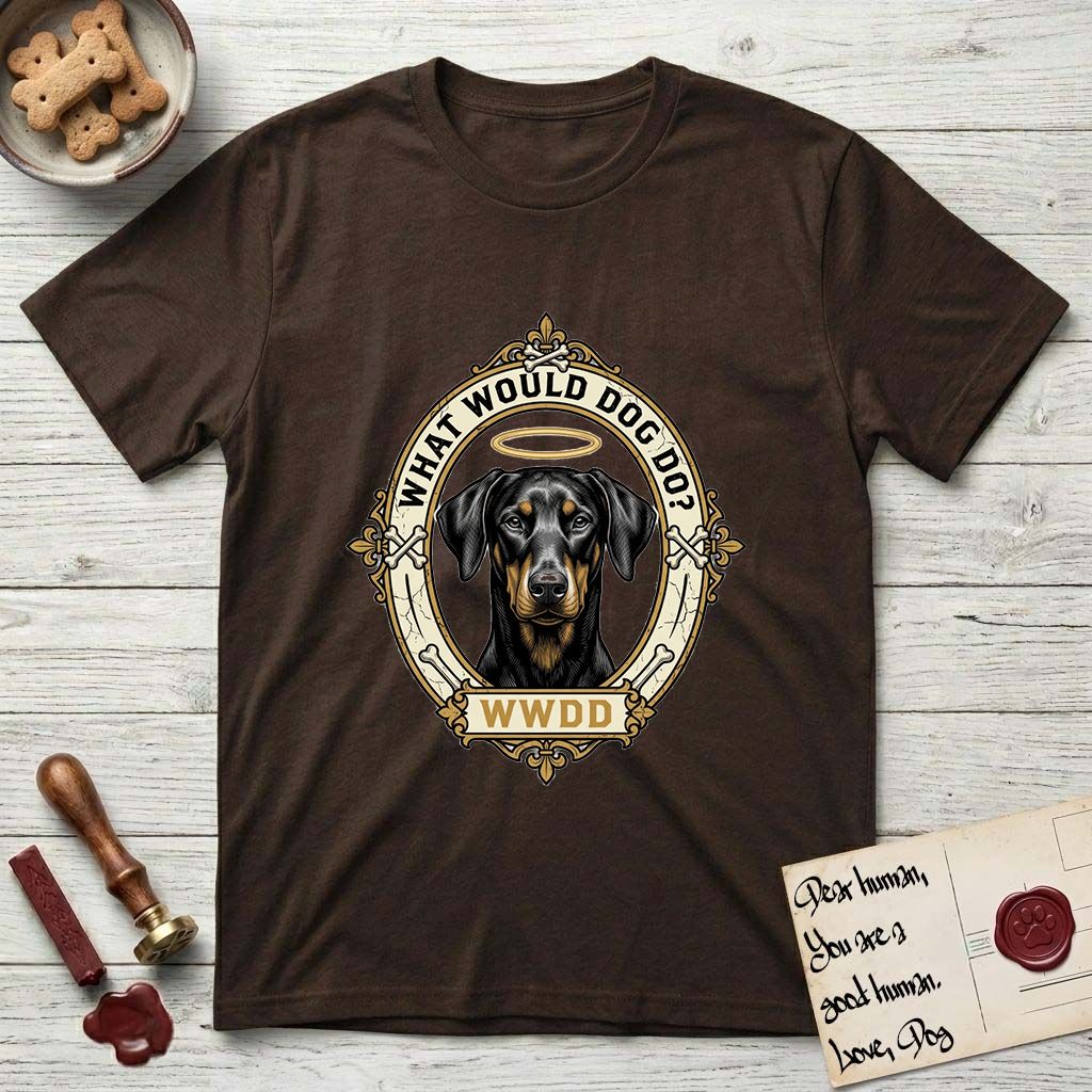What Would Dog Do Doberman T-Shirt flat lay in Dark Chocolate, featuring a fleur-de-lis framed gold portrait medallion of a haloed Doberman with natural uncropped ears and the question What Would Dog Do.