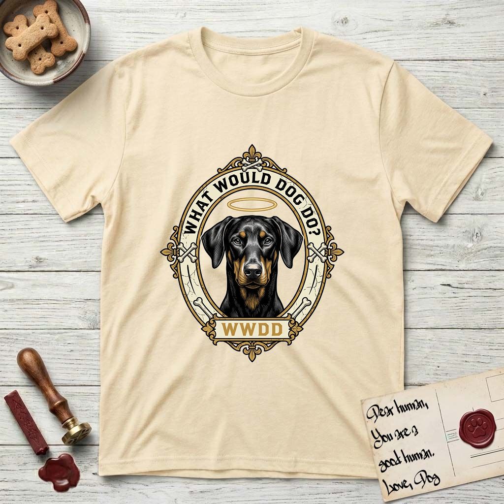 What Would Dog Do Doberman T-Shirt flat lay in Natural, featuring a fleur-de-lis framed gold portrait medallion of a haloed Doberman with natural uncropped ears and the question What Would Dog Do.