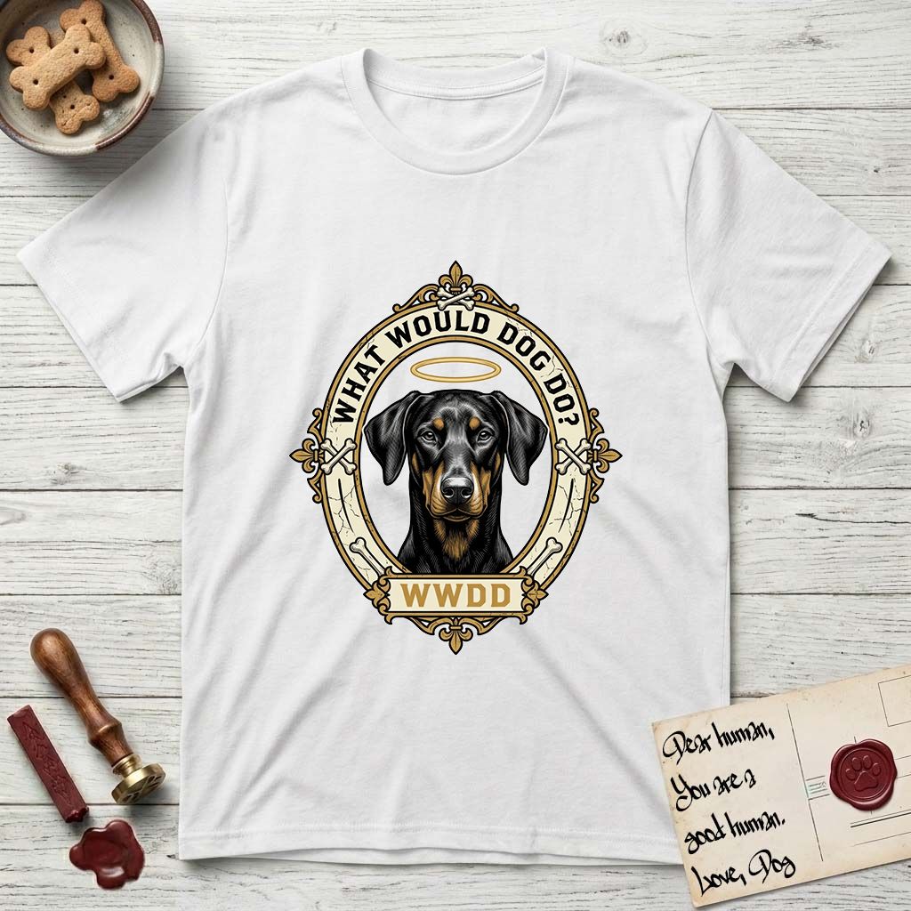 What Would Dog Do Doberman T-Shirt flat lay in White, featuring a fleur-de-lis framed gold portrait medallion of a haloed Doberman with natural uncropped ears and the question What Would Dog Do.