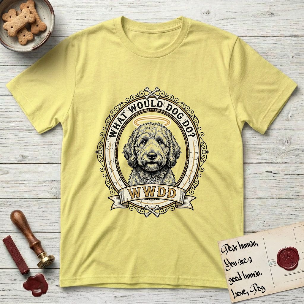 What Would Dog Do Goldendoodle T-Shirt flat lay in Cornsilk, featuring an ornate scrollwork gold portrait medallion of a haloed Goldendoodle with the question What Would Dog Do.