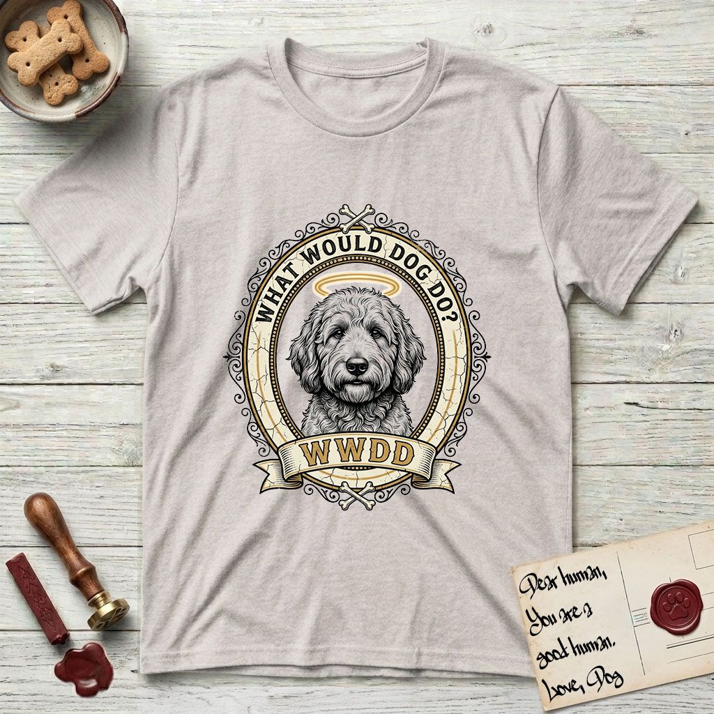 What Would Dog Do Goldendoodle T-Shirt flat lay in Ice Grey, featuring an ornate scrollwork gold portrait medallion of a haloed Goldendoodle with the question What Would Dog Do.