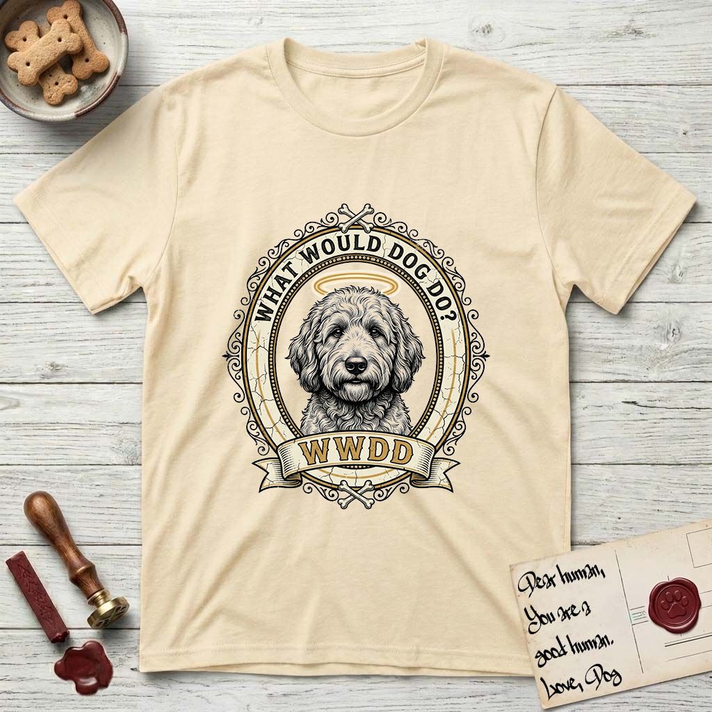 What Would Dog Do Goldendoodle T-Shirt flat lay in Natural, featuring an ornate scrollwork gold portrait medallion of a haloed Goldendoodle with the question What Would Dog Do.