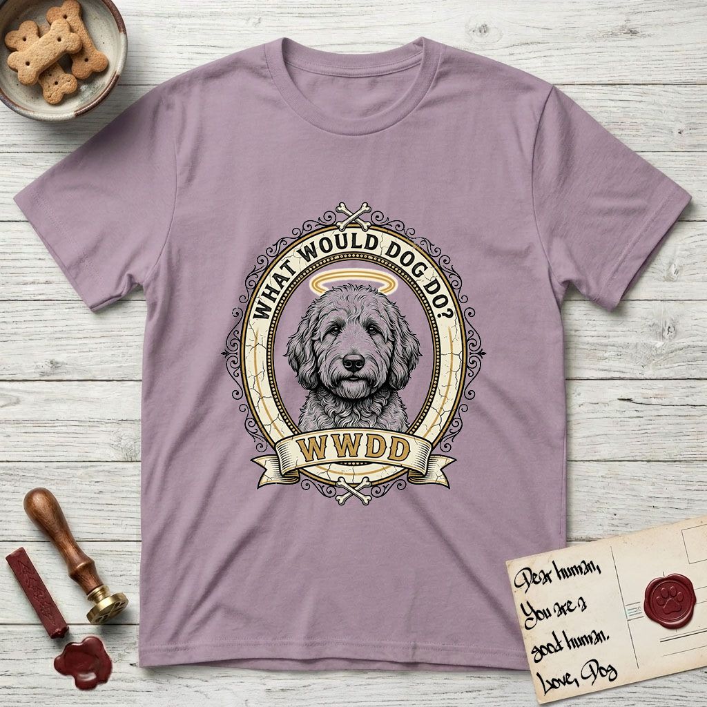 What Would Dog Do Goldendoodle T-Shirt flat lay in Paragon, featuring an ornate scrollwork gold portrait medallion of a haloed Goldendoodle with the question What Would Dog Do.