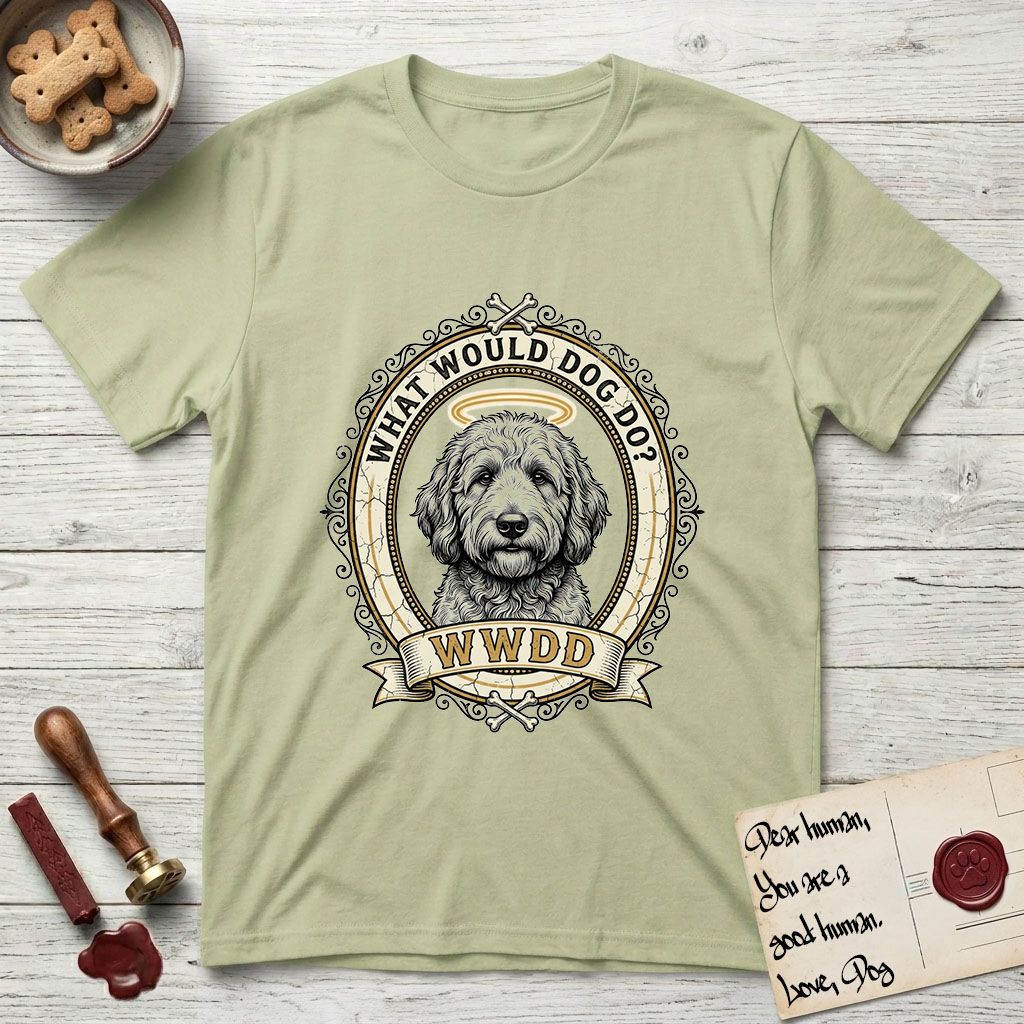 What Would Dog Do Goldendoodle T-Shirt flat lay in Pistachio, featuring an ornate scrollwork gold portrait medallion of a haloed Goldendoodle with the question What Would Dog Do.