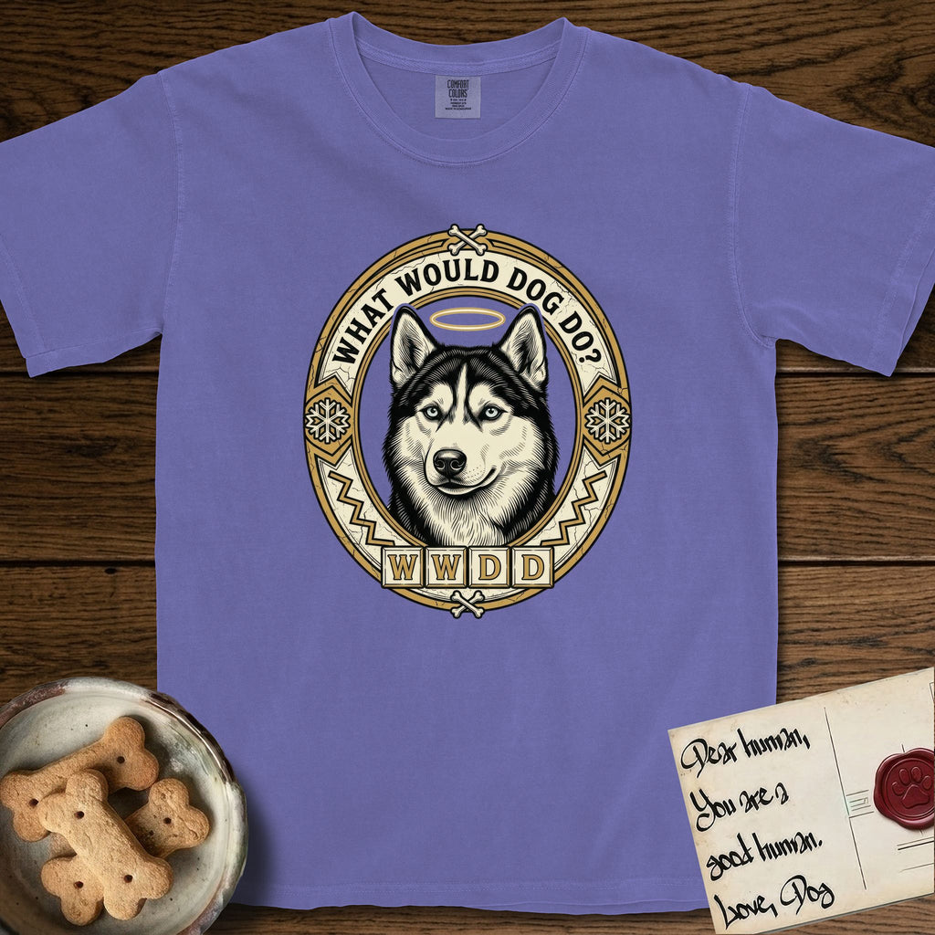 What Would Dog Do Husky T-Shirt flat lay in Violet, featuring a vintage gold portrait medallion of a haloed blue-eyed Husky in a Nordic snowflake border with the question What Would Dog Do.