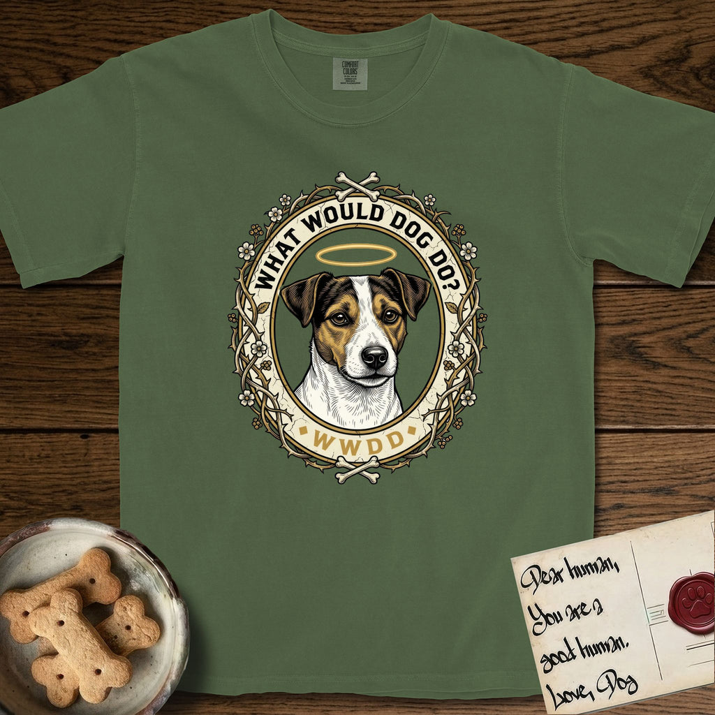 What Would Dog Do Jack Russell T-Shirt flat lay in Moss, featuring a vintage gold portrait medallion of a haloed Jack Russell in a wreath of thorned branches and wildflowers with the question What Would Dog Do.