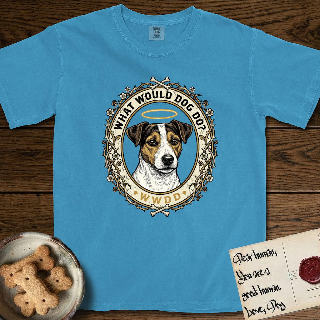 What Would Dog Do Jack Russell T-Shirt flat lay in Royal Caribe, featuring a vintage gold portrait medallion of a haloed Jack Russell in a wreath of thorned branches and wildflowers with the question What Would Dog Do.