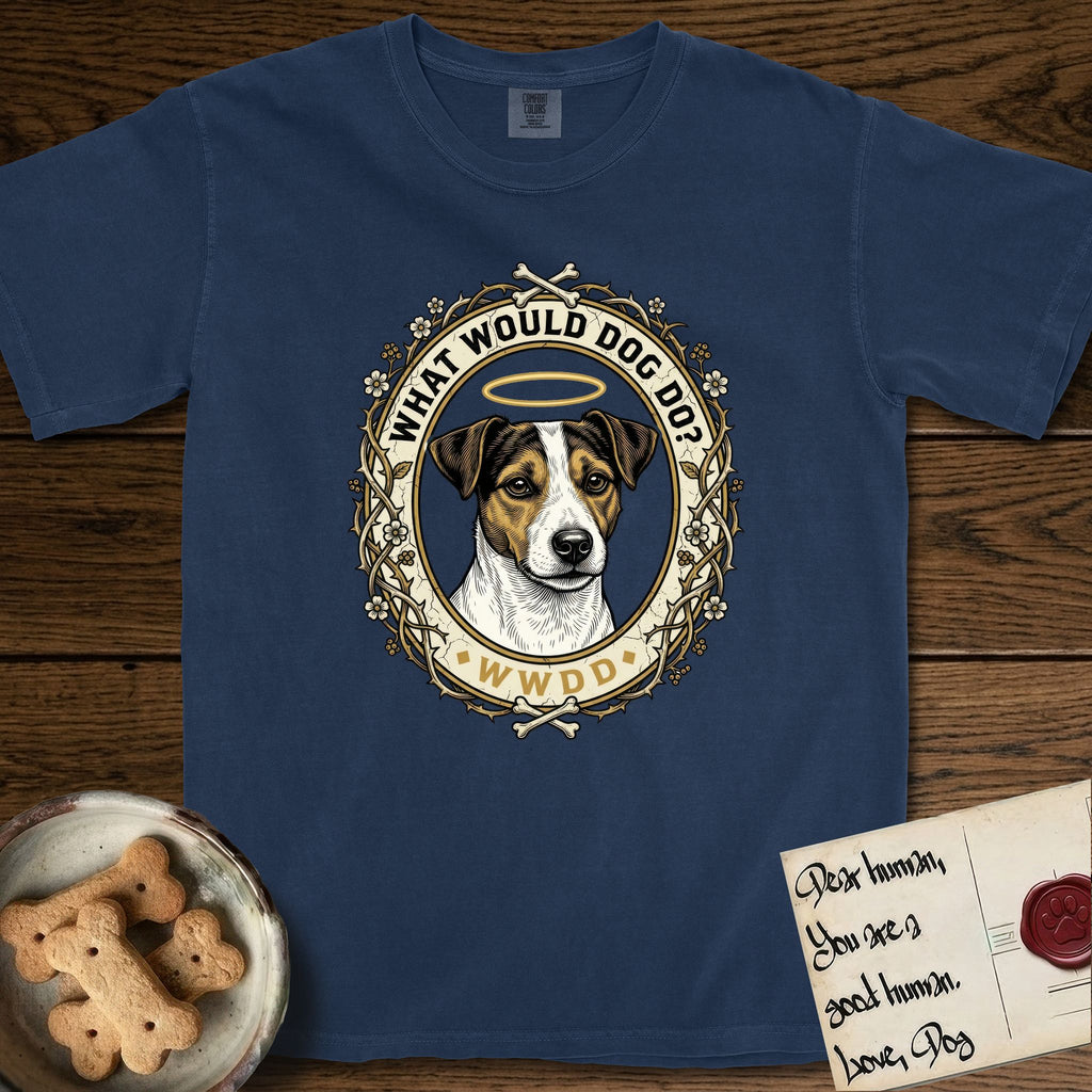 What Would Dog Do Jack Russell T-Shirt flat lay in True Navy, featuring a vintage gold portrait medallion of a haloed Jack Russell in a wreath of thorned branches and wildflowers with the question What Would Dog Do.