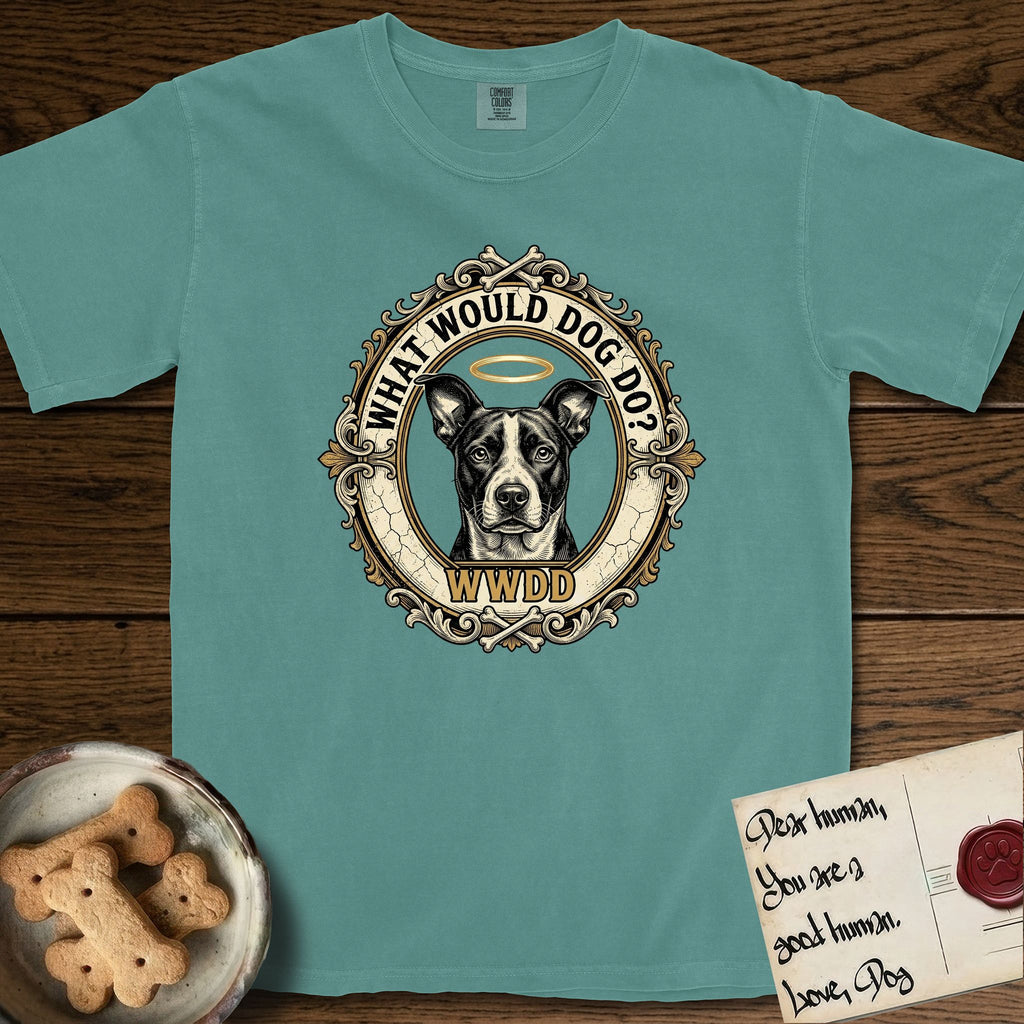 What Would Dog Do Lobo T-Shirt flat lay in Blue Spruce, featuring a baroque gold ornate portrait medallion of haloed Lobo with the question What Would Dog Do and a small PDX inscription.