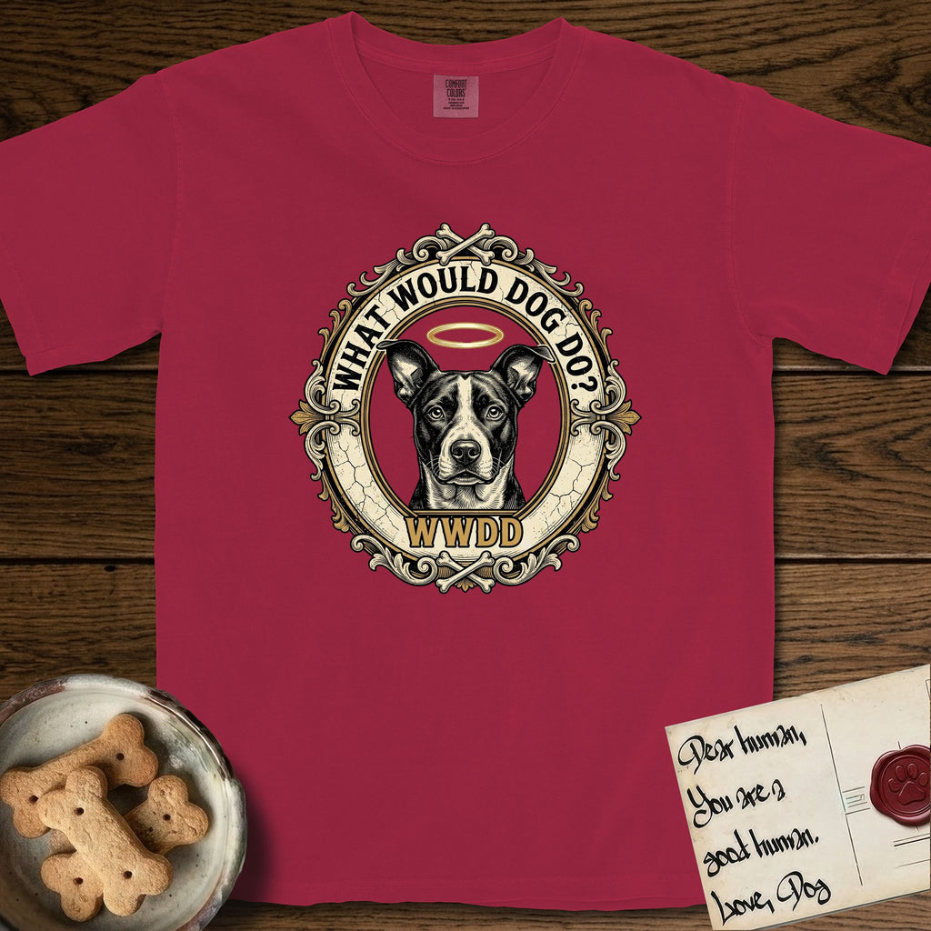 What Would Dog Do Lobo T-Shirt flat lay in Chili, featuring a baroque gold ornate portrait medallion of haloed Lobo with the question What Would Dog Do and a small PDX inscription.