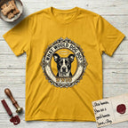 What Would Dog Do Lobo T-Shirt flat lay in Daisy, featuring a baroque gold ornate portrait medallion of haloed Lobo with the question What Would Dog Do and a small PDX inscription.