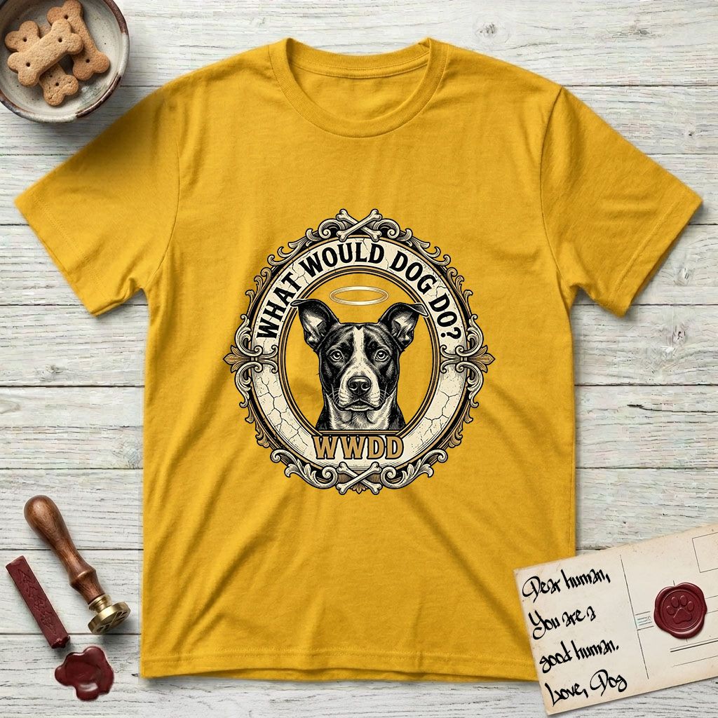 What Would Dog Do Lobo T-Shirt flat lay in Daisy, featuring a baroque gold ornate portrait medallion of haloed Lobo with the question What Would Dog Do and a small PDX inscription.