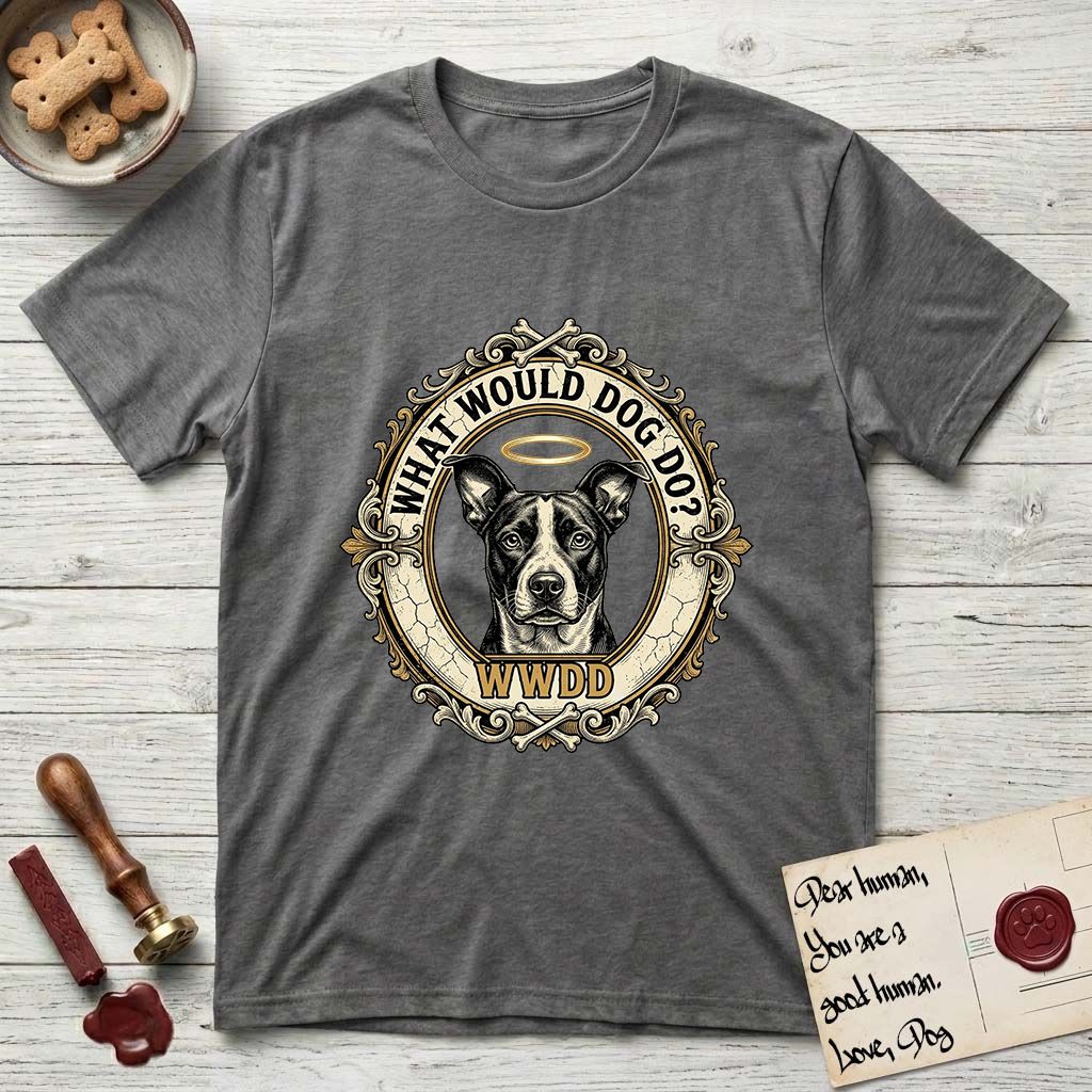 What Would Dog Do Lobo T-Shirt flat lay in Dark Heather, featuring a baroque gold ornate portrait medallion of haloed Lobo with the question What Would Dog Do and a small PDX inscription.