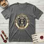 What Would Dog Do Lobo T-Shirt flat lay in Dark Heather, featuring a baroque gold ornate portrait medallion of haloed Lobo with the question What Would Dog Do and a small PDX inscription.