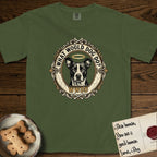 What Would Dog Do Lobo T-Shirt flat lay in Hemp, featuring a baroque gold ornate portrait medallion of haloed Lobo with the question What Would Dog Do and a small PDX inscription.