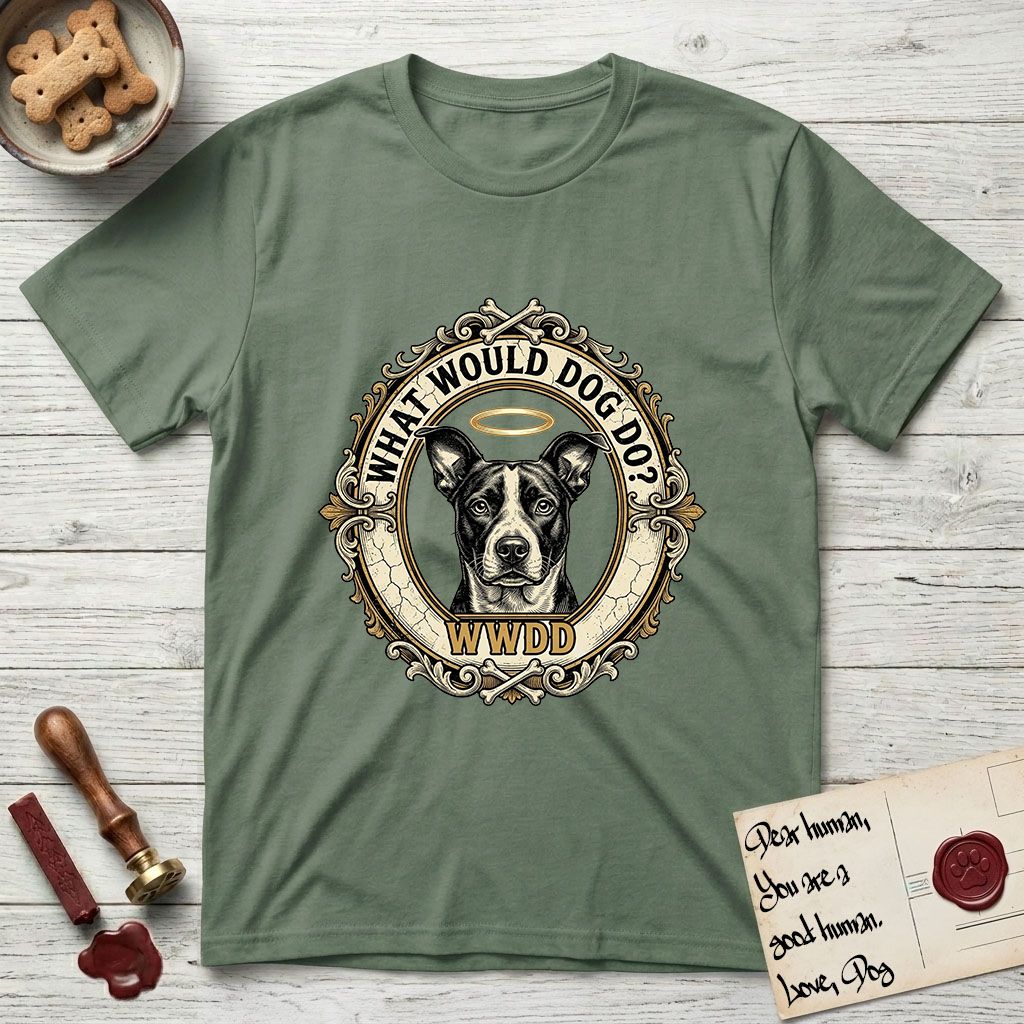 What Would Dog Do Lobo T-Shirt flat lay in Military Green, featuring a baroque gold ornate portrait medallion of haloed Lobo with the question What Would Dog Do and a small PDX inscription.
