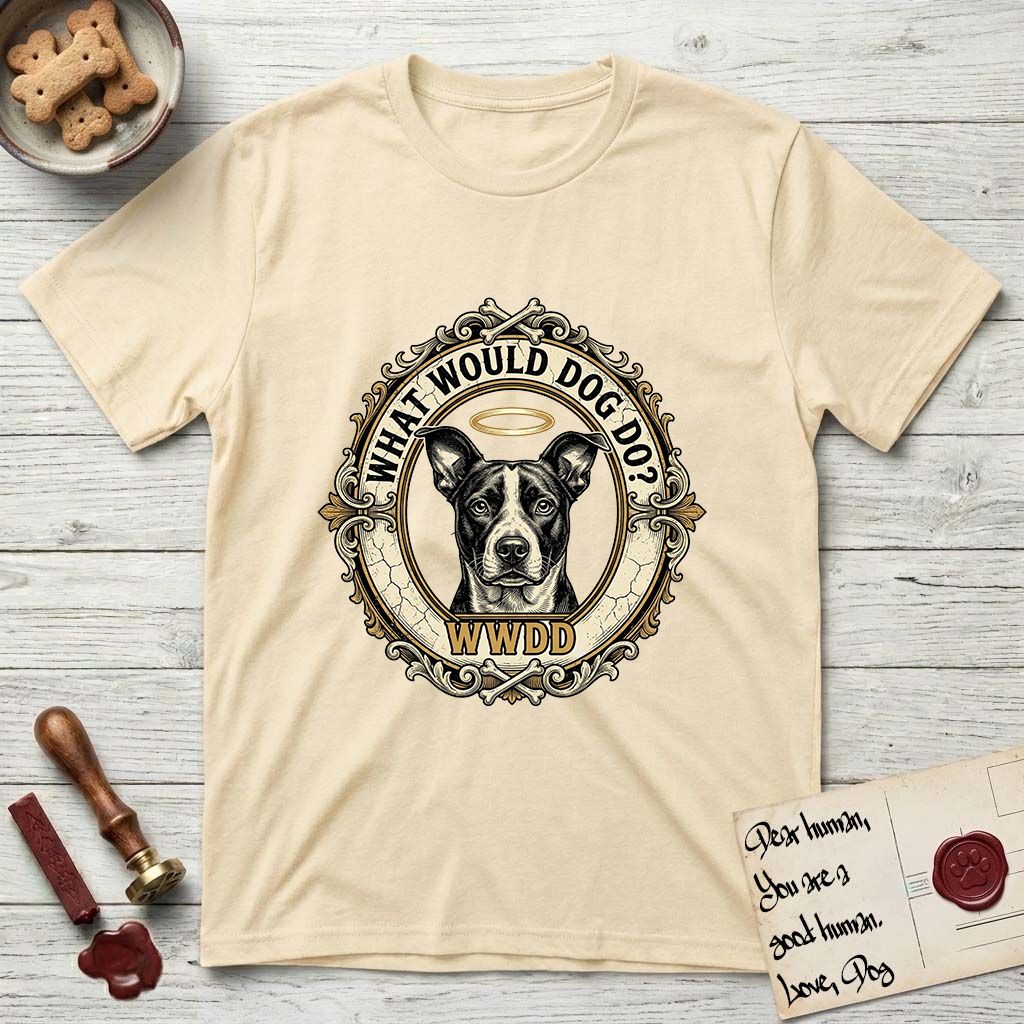 What Would Dog Do Lobo T-Shirt flat lay in Natural, featuring a baroque gold ornate portrait medallion of haloed Lobo with the question What Would Dog Do and a small PDX inscription.