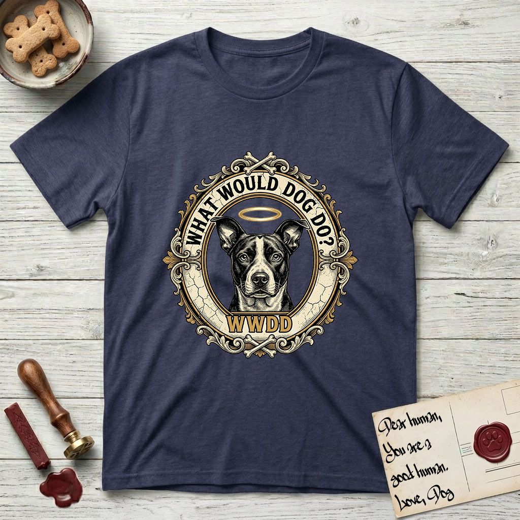 What Would Dog Do Lobo T-Shirt flat lay in Navy, featuring a baroque gold ornate portrait medallion of haloed Lobo with the question What Would Dog Do and a small PDX inscription.