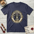 What Would Dog Do Lobo T-Shirt flat lay in Navy, featuring a baroque gold ornate portrait medallion of haloed Lobo with the question What Would Dog Do and a small PDX inscription.