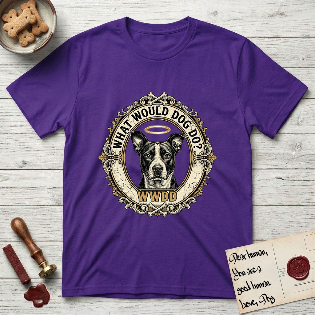 What Would Dog Do Lobo T-Shirt flat lay in Purple, featuring a baroque gold ornate portrait medallion of haloed Lobo with the question What Would Dog Do and a small PDX inscription.
