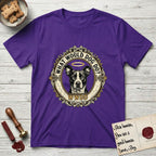 What Would Dog Do Lobo T-Shirt flat lay in Purple, featuring a baroque gold ornate portrait medallion of haloed Lobo with the question What Would Dog Do and a small PDX inscription.