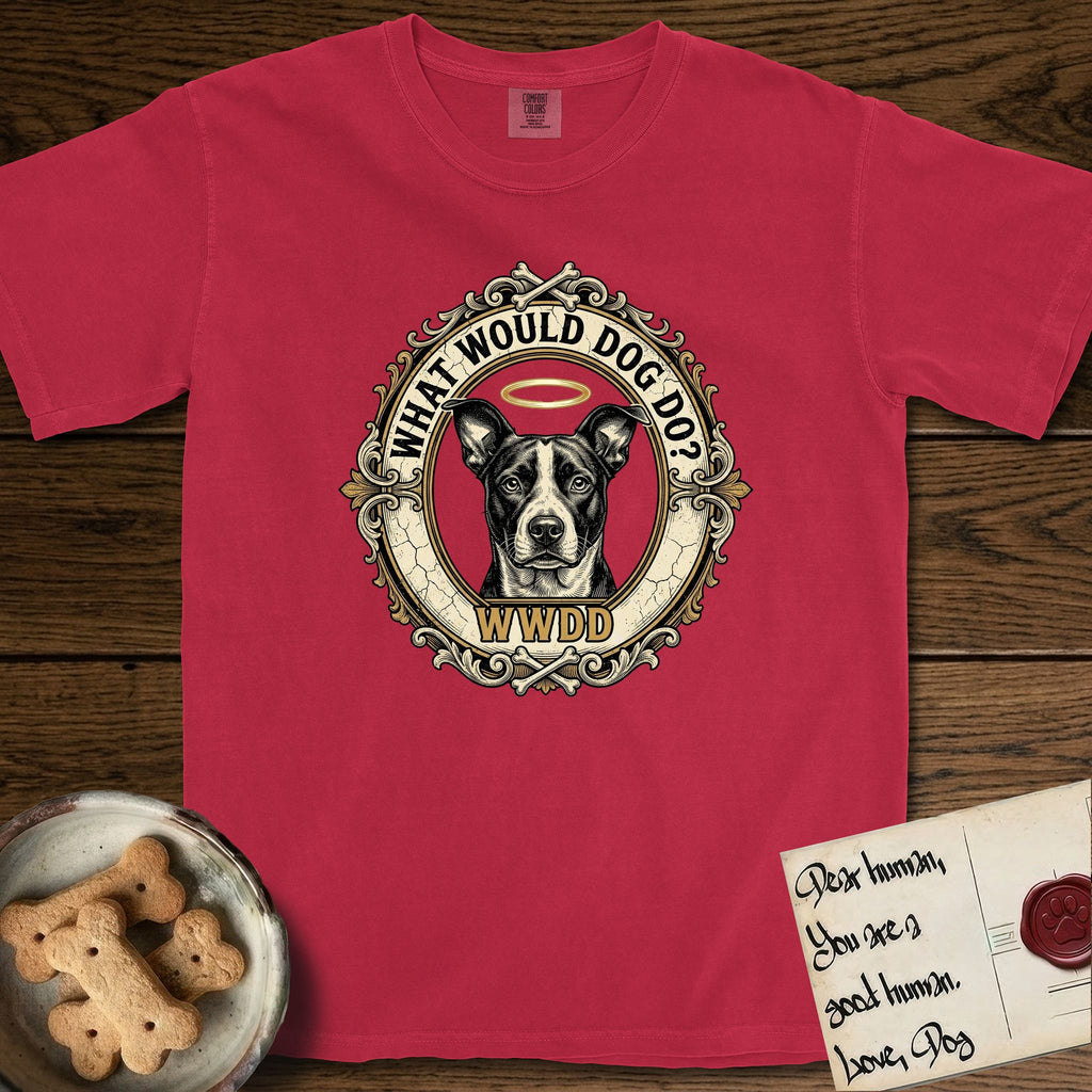 What Would Dog Do Lobo T-Shirt flat lay in Red, featuring a baroque gold ornate portrait medallion of haloed Lobo with the question What Would Dog Do and a small PDX inscription.