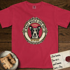 What Would Dog Do Lobo T-Shirt flat lay in Red, featuring a baroque gold ornate portrait medallion of haloed Lobo with the question What Would Dog Do and a small PDX inscription.