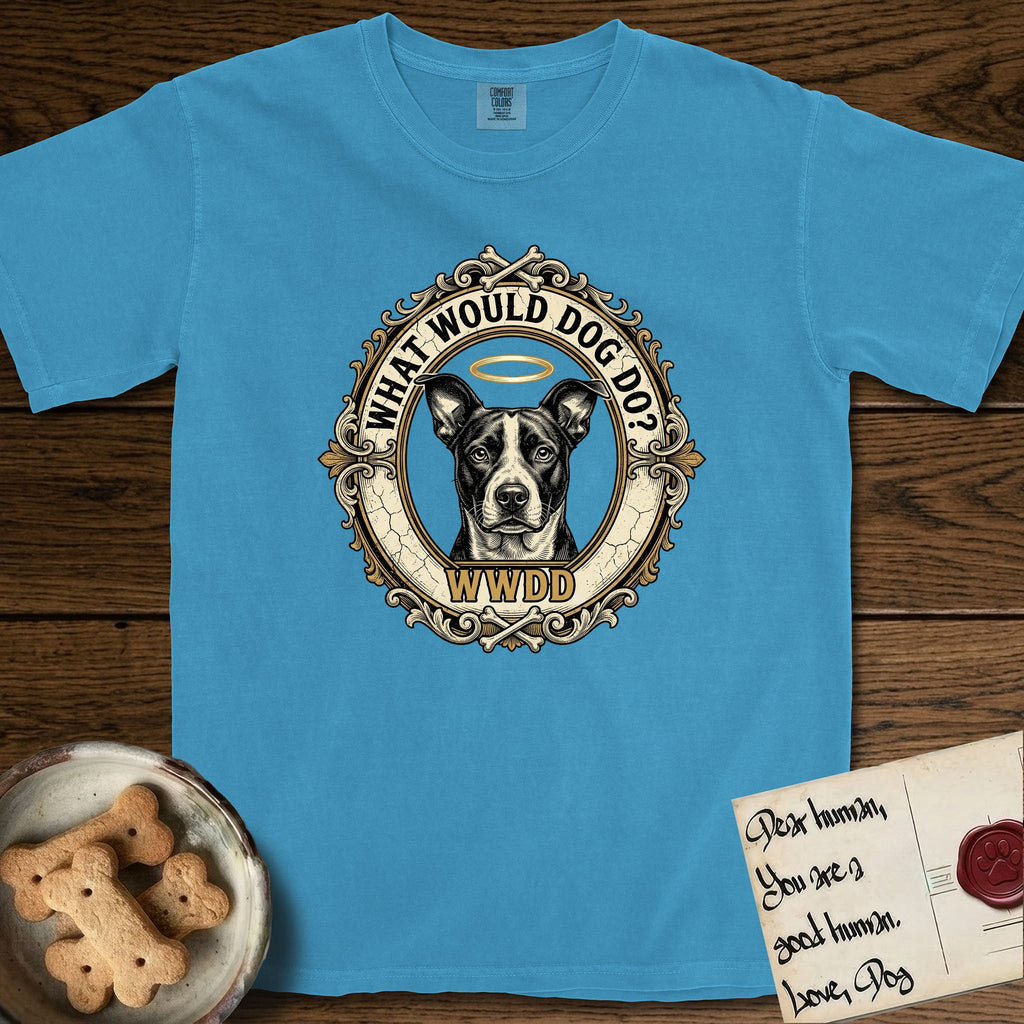 What Would Dog Do Lobo T-Shirt flat lay in Royal Caribe, featuring a baroque gold ornate portrait medallion of haloed Lobo with the question What Would Dog Do and a small PDX inscription.