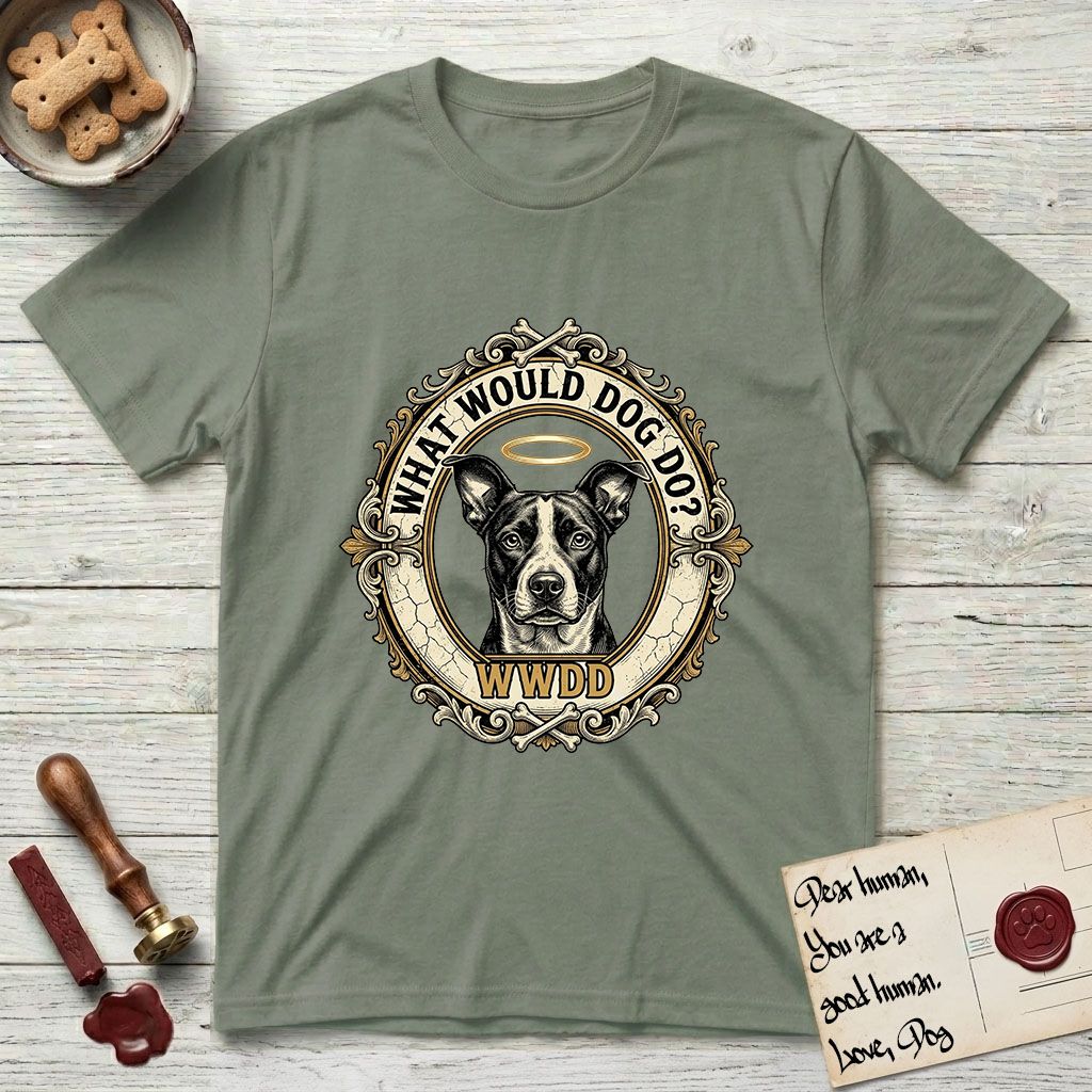 What Would Dog Do Lobo T-Shirt flat lay in Sage, featuring a baroque gold ornate portrait medallion of haloed Lobo with the question What Would Dog Do and a small PDX inscription.
