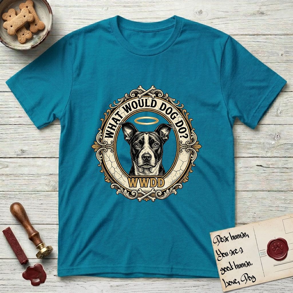What Would Dog Do Lobo T-Shirt flat lay in Tropical Blue, featuring a baroque gold ornate portrait medallion of haloed Lobo with the question What Would Dog Do and a small PDX inscription.