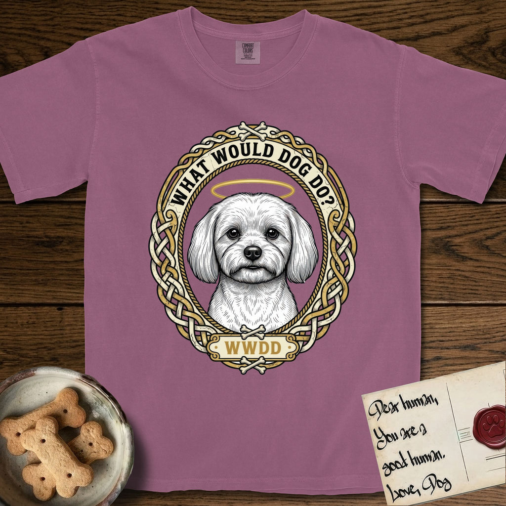 What Would Dog Do Maltese T-Shirt flat lay in Berry, featuring a vintage gold portrait medallion of a haloed white Maltese in a Celtic knotwork and rope border with the question What Would Dog Do.