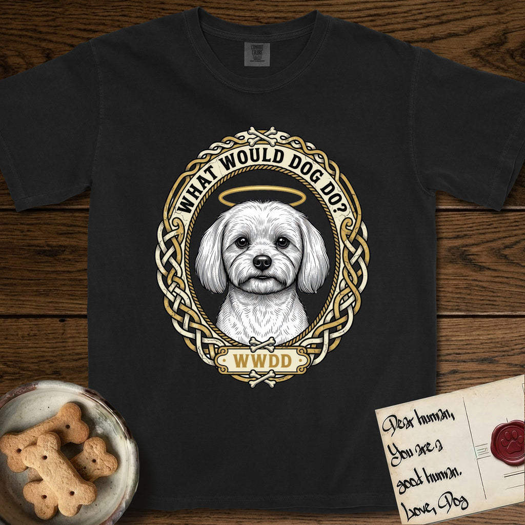 What Would Dog Do Maltese T-Shirt flat lay in Black, featuring a vintage gold portrait medallion of a haloed white Maltese in a Celtic knotwork and rope border with the question What Would Dog Do.