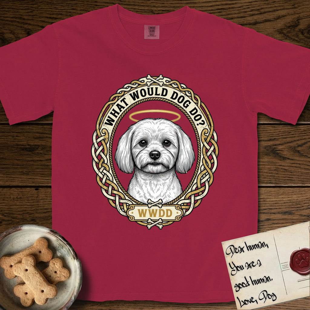 What Would Dog Do Maltese T-Shirt flat lay in Chili, featuring a vintage gold portrait medallion of a haloed white Maltese in a Celtic knotwork and rope border with the question What Would Dog Do.
