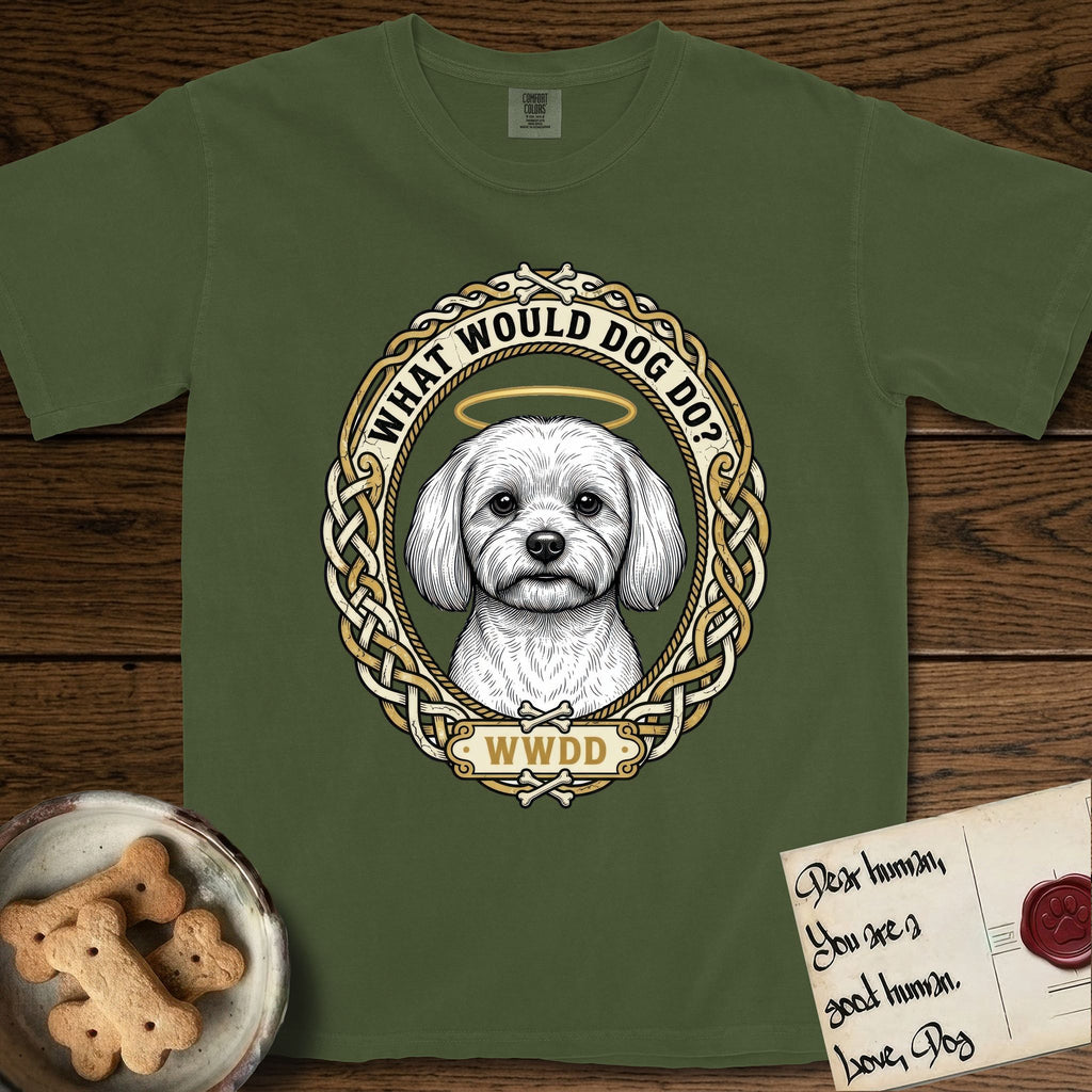 What Would Dog Do Maltese T-Shirt flat lay in Hemp, featuring a vintage gold portrait medallion of a haloed white Maltese in a Celtic knotwork and rope border with the question What Would Dog Do.