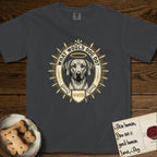 What Would Dog Do Rhodesian Ridgeback T-Shirt flat lay in Graphite, featuring a vintage gold portrait medallion of a haloed Rhodesian Ridgeback ringed by radiating sunburst spikes with the question What Would Dog Do.