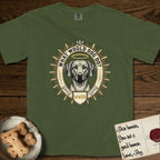What Would Dog Do Rhodesian Ridgeback T-Shirt flat lay in Hemp, featuring a vintage gold portrait medallion of a haloed Rhodesian Ridgeback ringed by radiating sunburst spikes with the question What Would Dog Do.
