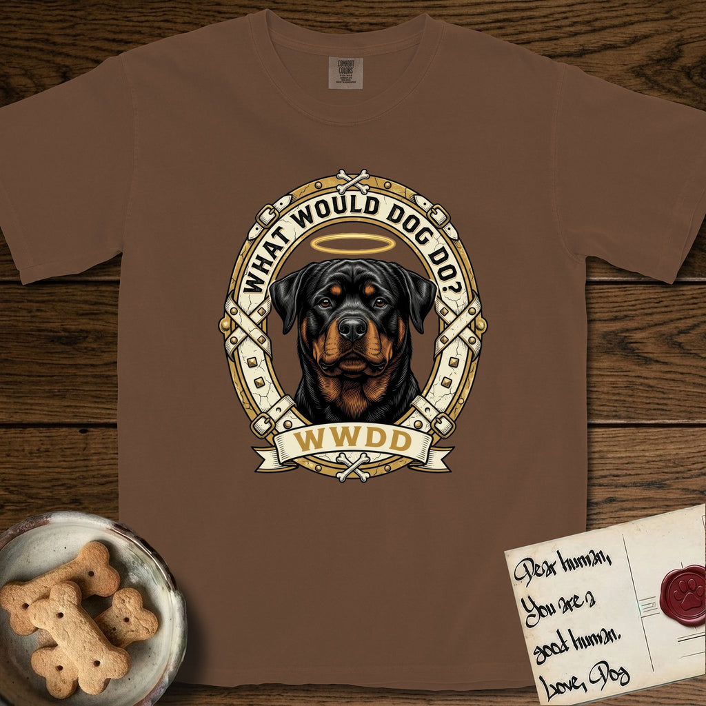 What Would Dog Do Rottweiler T-Shirt flat lay in Espresso, featuring a vintage gold portrait medallion of a haloed Rottweiler framed by studded leather collar straps and buckles with the question What Would Dog Do.