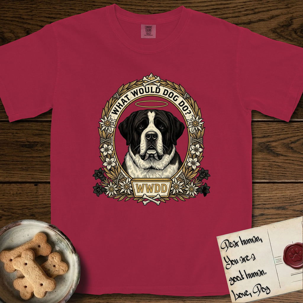 What Would Dog Do Saint Bernard T-Shirt flat lay in Chili, featuring a vintage gold portrait medallion of a haloed Saint Bernard in an alpine laurel wreath with edelweiss blossoms and the question What Would Dog Do.