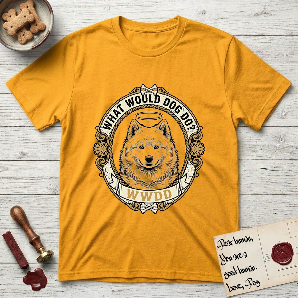 What Would Dog Do Samoyed T-Shirt flat lay in Gold, featuring a rope-twist framed gold portrait medallion of a haloed Samoyed with the question What Would Dog Do.