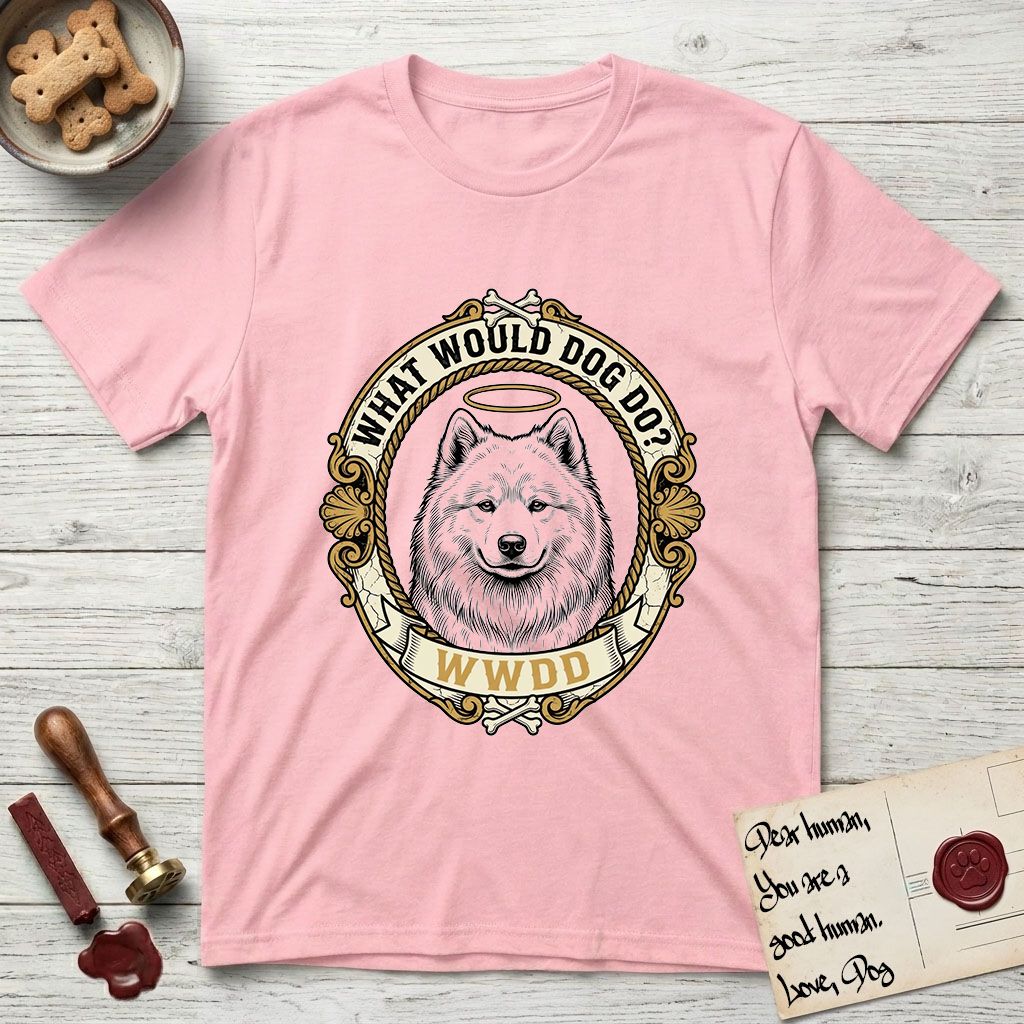 What Would Dog Do Samoyed T-Shirt flat lay in Light Pink, featuring a rope-twist framed gold portrait medallion of a haloed Samoyed with the question What Would Dog Do.