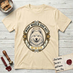 What Would Dog Do Samoyed T-Shirt flat lay in Natural, featuring a rope-twist framed gold portrait medallion of a haloed Samoyed with the question What Would Dog Do.
