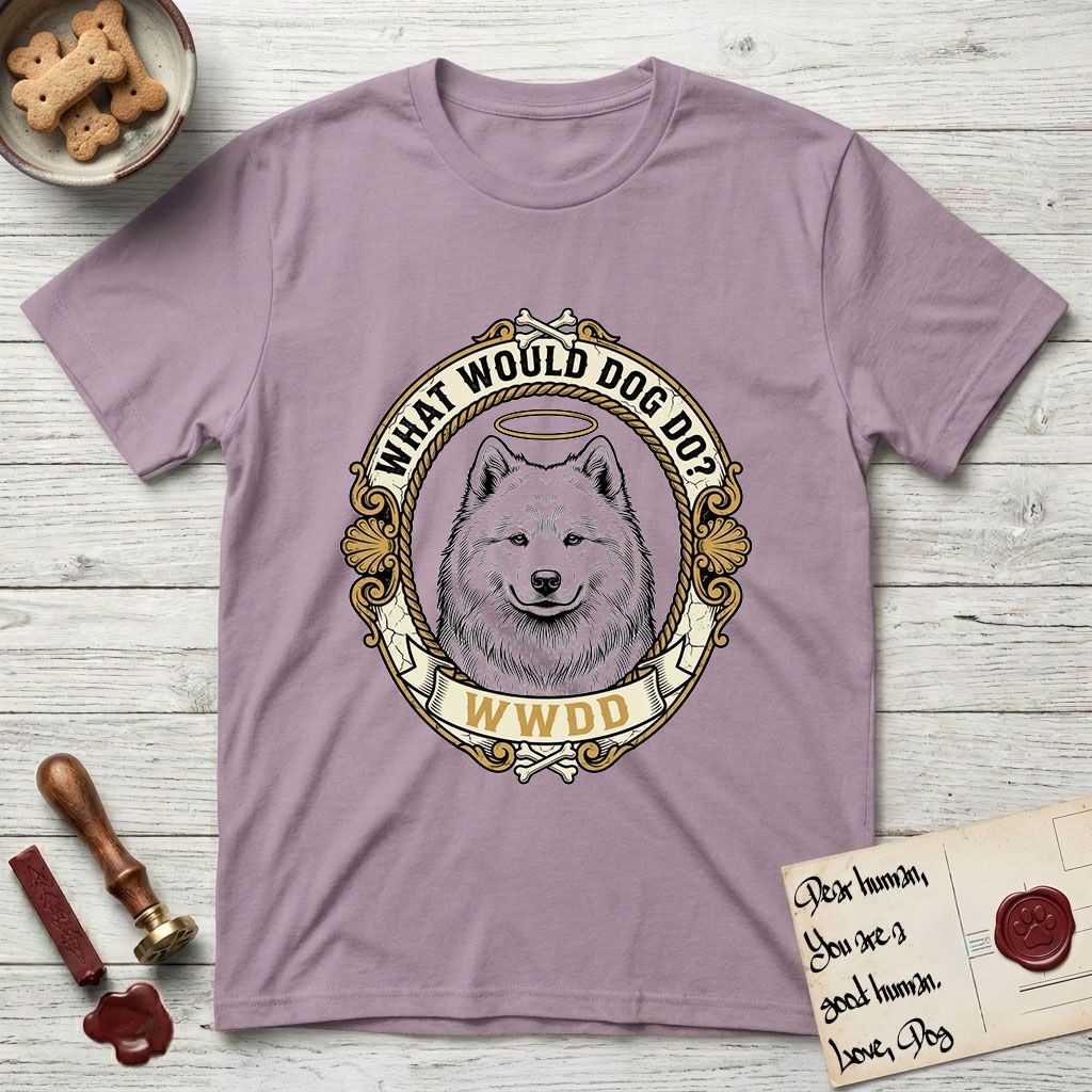 What Would Dog Do Samoyed T-Shirt flat lay in Paragon, featuring a rope-twist framed gold portrait medallion of a haloed Samoyed with the question What Would Dog Do.
