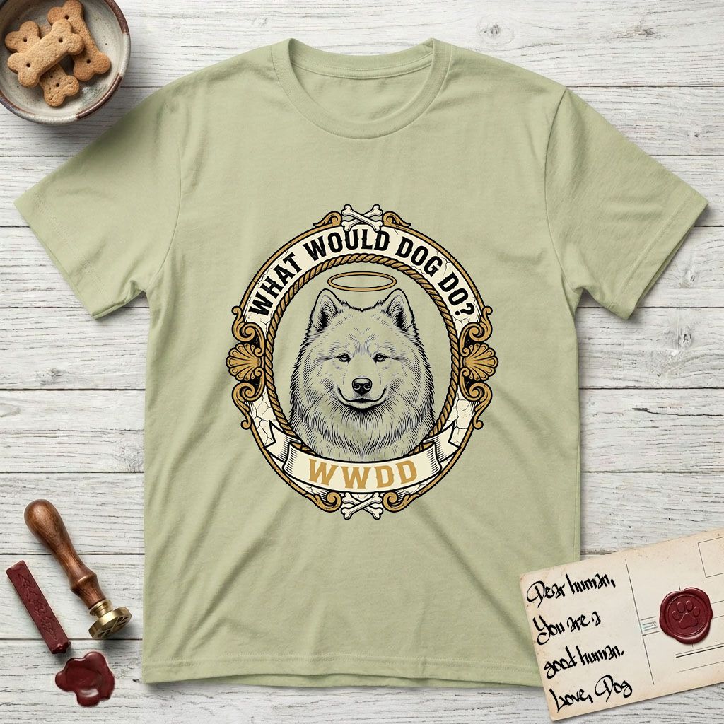 What Would Dog Do Samoyed T-Shirt flat lay in Pistachio, featuring a rope-twist framed gold portrait medallion of a haloed Samoyed with the question What Would Dog Do.