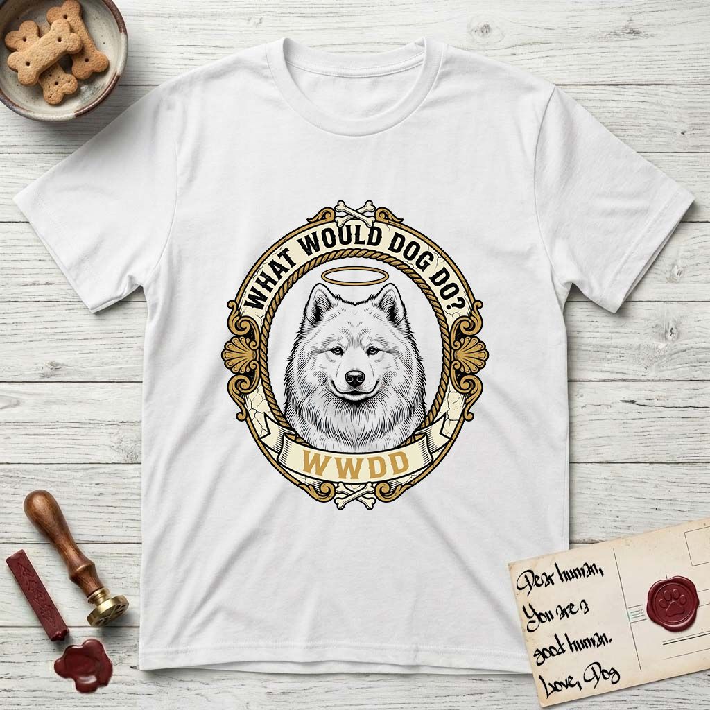 What Would Dog Do Samoyed T-Shirt flat lay in White, featuring a rope-twist framed gold portrait medallion of a haloed Samoyed with the question What Would Dog Do.