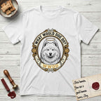 What Would Dog Do Samoyed T-Shirt flat lay in White, featuring a rope-twist framed gold portrait medallion of a haloed Samoyed with the question What Would Dog Do.