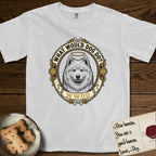 What Would Dog Do Samoyed T-Shirt flat lay in White, featuring a rope-twist framed gold portrait medallion of a haloed Samoyed with the question What Would Dog Do.