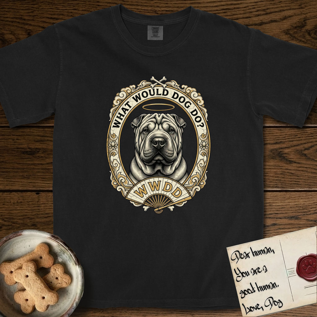 What Would Dog Do Shar-Pei T-Shirt flat lay in Black, featuring a vintage gold portrait medallion of a haloed wrinkled Shar-Pei in an ornate scrolled frame with a folding fan banner and the question What Would Dog Do.